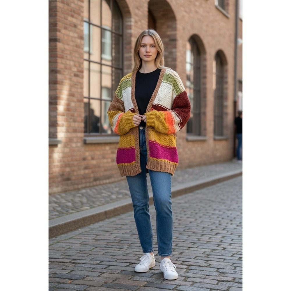 Listicle Cardigan Sweater Womens Size L Multicolor Striped Open Front loose knit